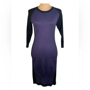 Karen Millen Black Purple Block Colour Knit 3/4 Sleeve Bodycon Dress Small